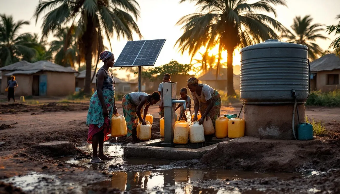 Point d'eau communautaire en Casamance avec habitant·e·s remplissant des jerrycans et pompe solaire