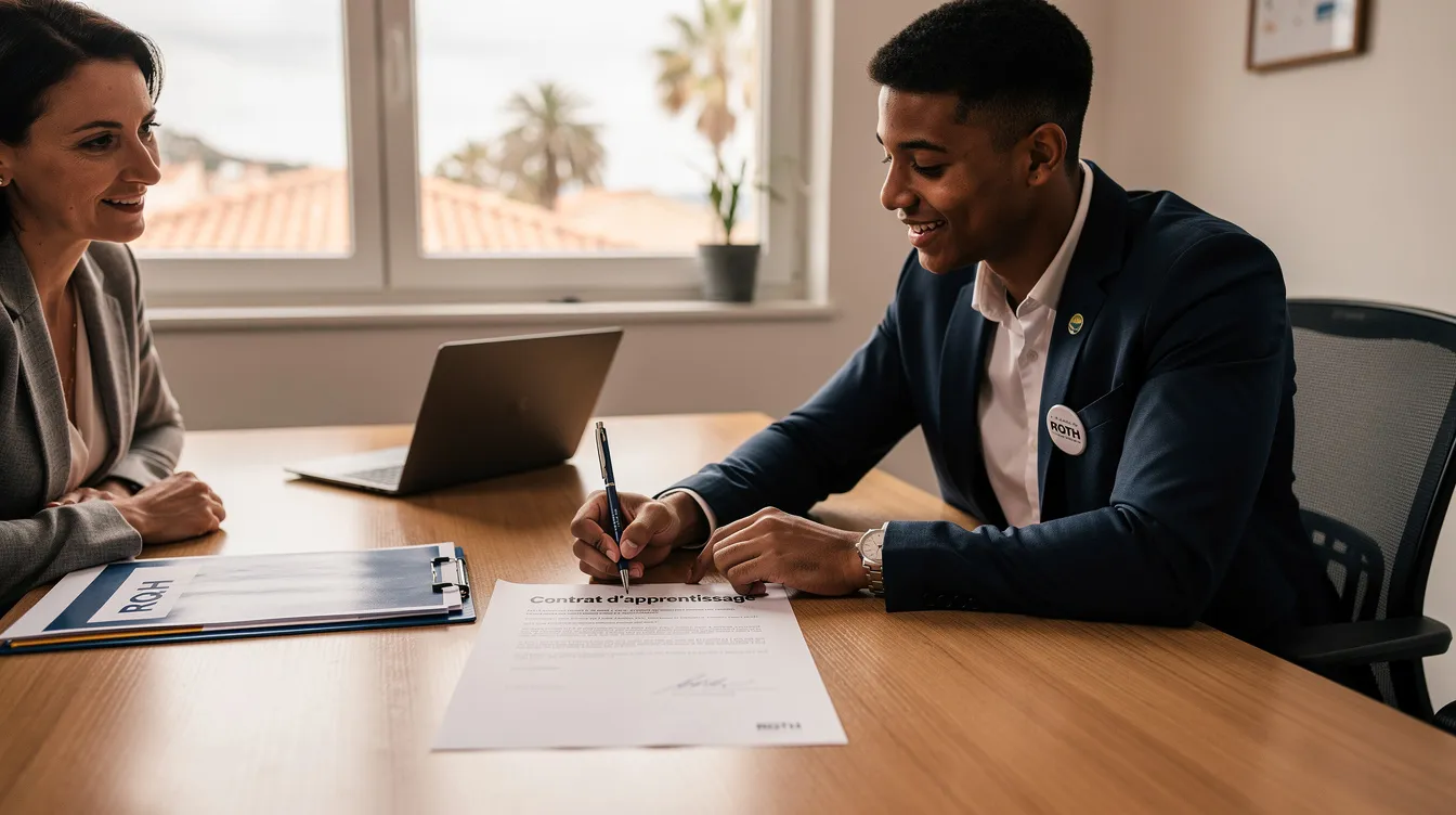 Signature d’un contrat d’apprentissage : DRH et apprenti autour d’une table, document signé