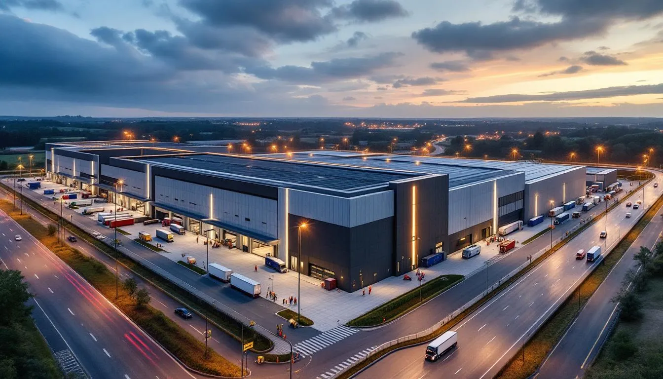 Vue aérienne en plongée d'un chantier de grand centre logistique multi‑niveaux à Ensisheim, grues, camions et ouvriers en gilets haute visibilité, bord d'autoroute A35, lumière de fin d'après‑midi