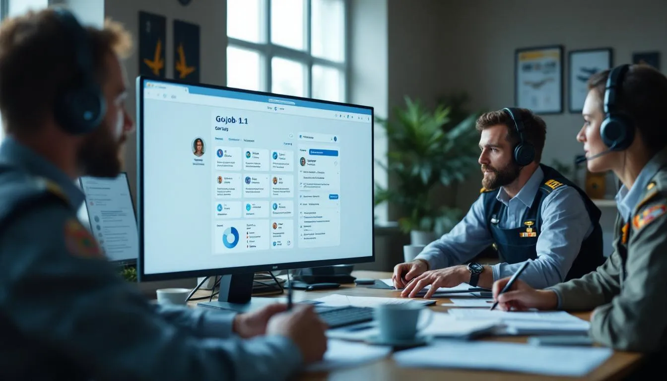 Bureau RH de l’armée de l’Air et de l’Espace examinant un tableau de bord d’IA pour le recrutement