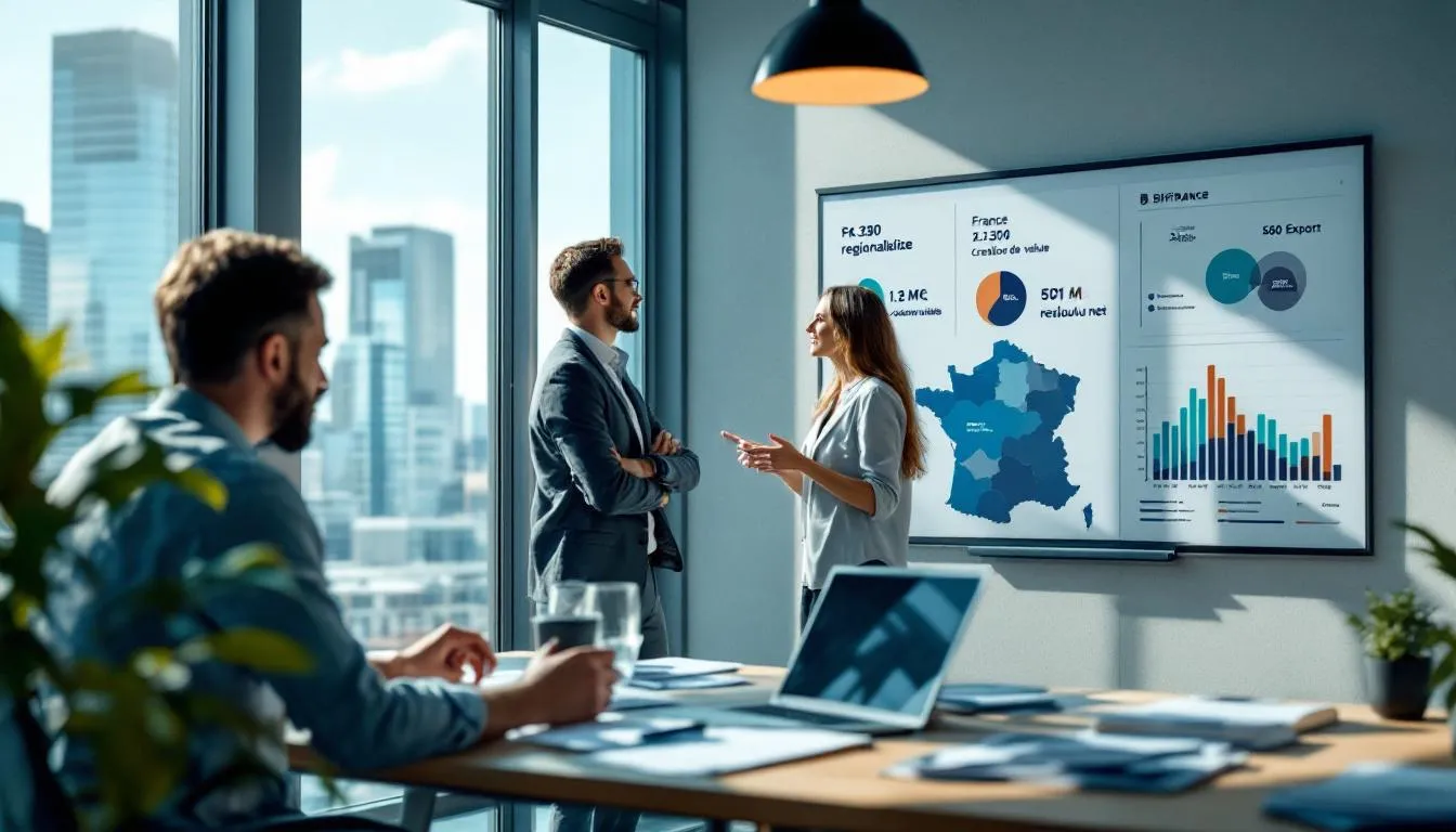 Header éditorial: équipe DAF et conseiller Bpifrance devant graphiques financiers et carte Nouvelle-Aquitaine, contexte Bpifrance résultats 2025