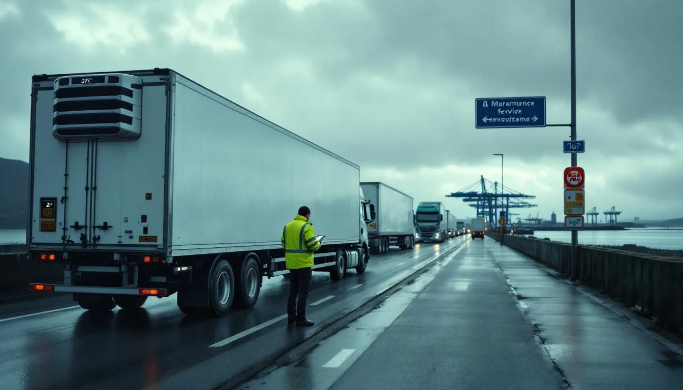 Camion frigorifique en train de se ravitailler près d'un port breton, chauffeur en gilet consultant une tablette, files de camions et grues portuaires en arrière-plan.