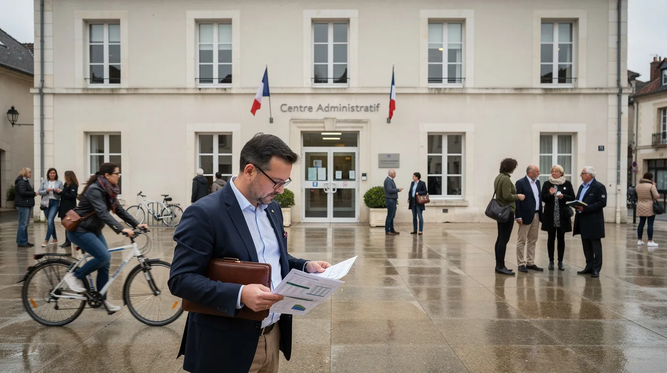 Débat fiscal à la CAH (Grand Est) : façade d’une mairie générique et parvis animé