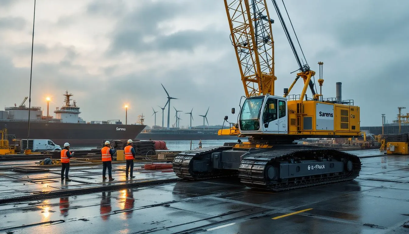 Grue Sarens décarbonée sur le chantier portuaire du Cotentin, opérateurs en tenue de sécurité