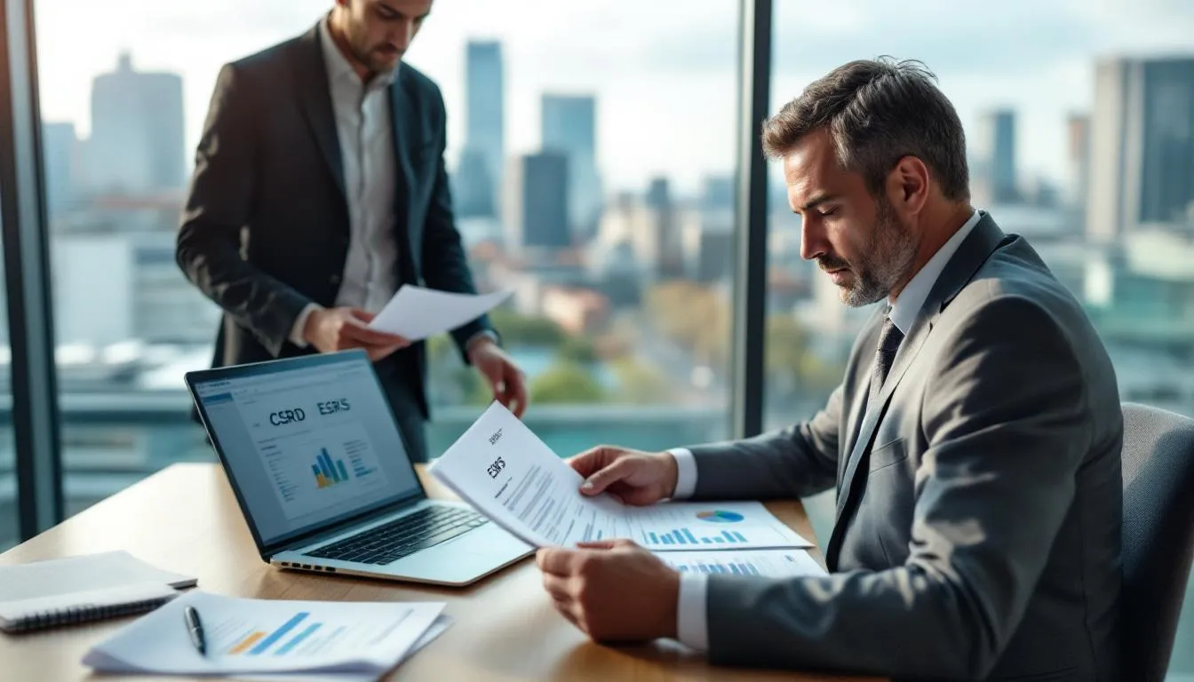 DAF en Ile-de-France examinant un rapport CSRD/ESRS dans un bureau avec vue sur le quartier de La Défense