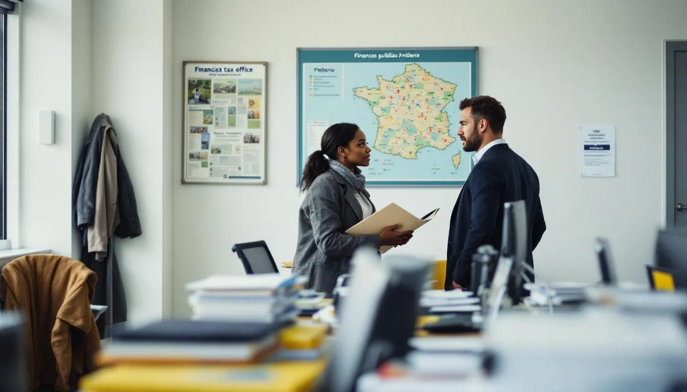 Bureau des finances publiques du Finistère : guichet avec postes vacants et agent accueillant un usager