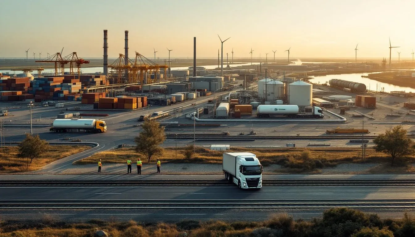 Zone industrialo‑portuaire de Fos‑Étang‑de‑Berre au coucher de soleil, installations portuaires et travailleurs en tenue de sécurité