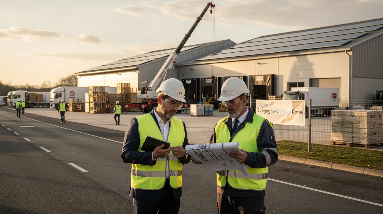 Site industriel en Bourgogne‑Franche‑Comté au coucher du soleil, responsables examinant des plans et ouvriers en activité