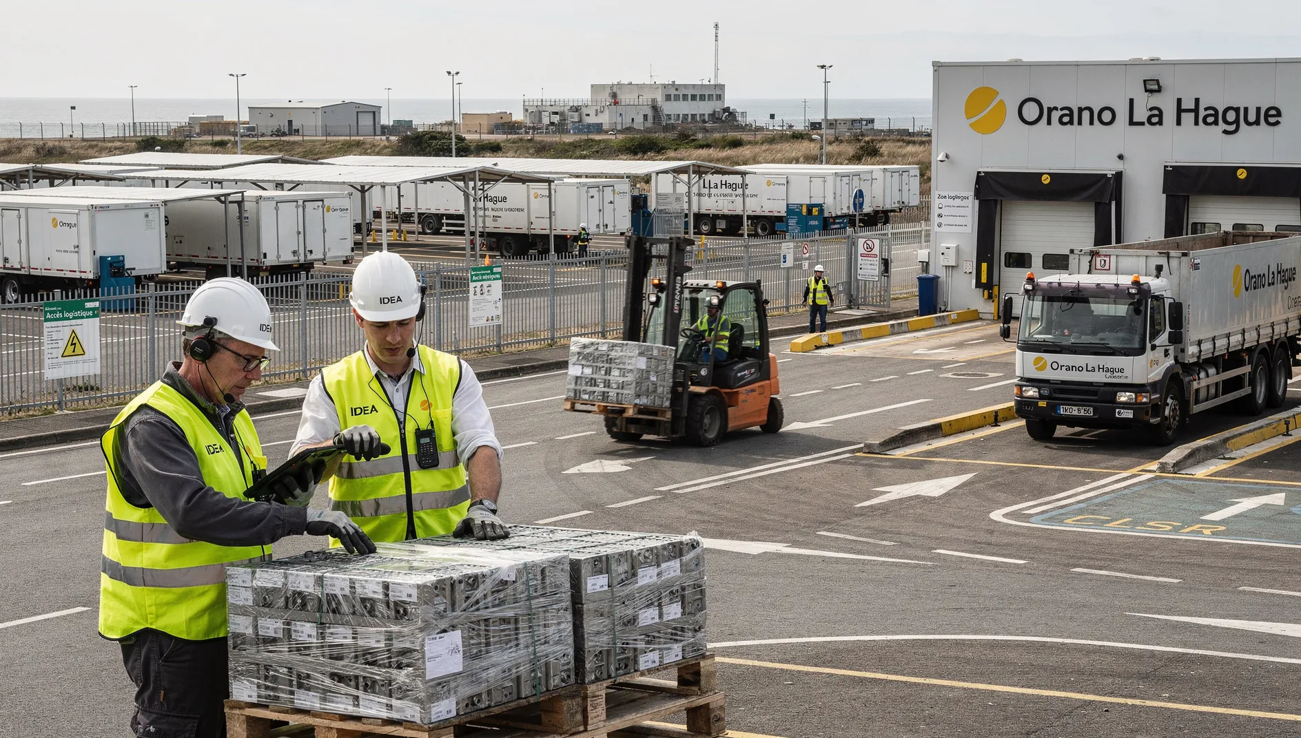 Photo éditoriale du site Orano La Hague : équipes IDEA en gilets haute visibilité gérant la logistique (chariot élévateur, camion, entrepôts), atmosphère nuageuse matinale, rendu documentaire.