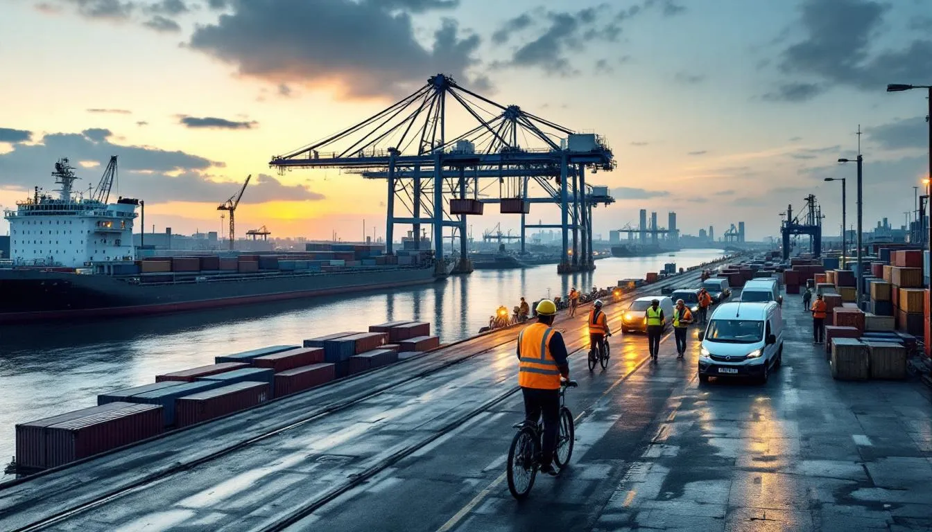 Vue panoramique depuis la berge du port de Gennevilliers : barge à conteneurs, grues en action, dockworkers en gilets jaunes, camionnettes électriques et vélos‑cargo prêts pour le dernier kilomètre.