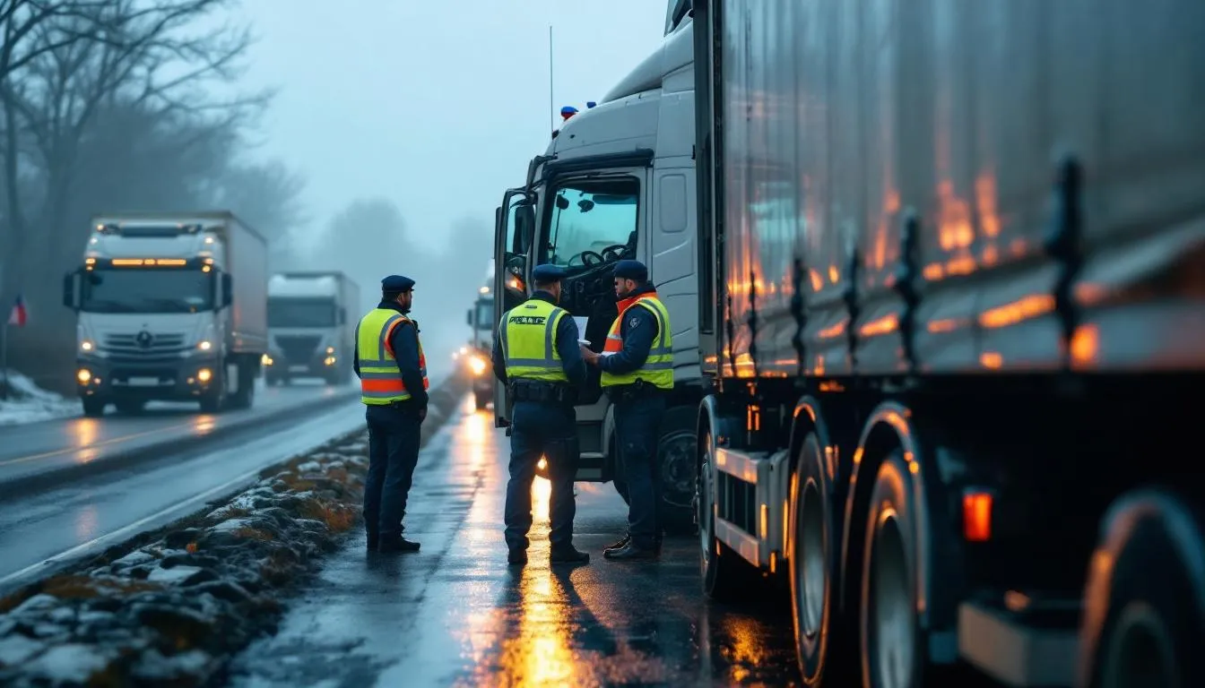 Opération de contrôle routier en Centre‑Val de Loire : gendarmes inspectant des camions lors d'une vérification liée au cabotage et aux temps de conduite.