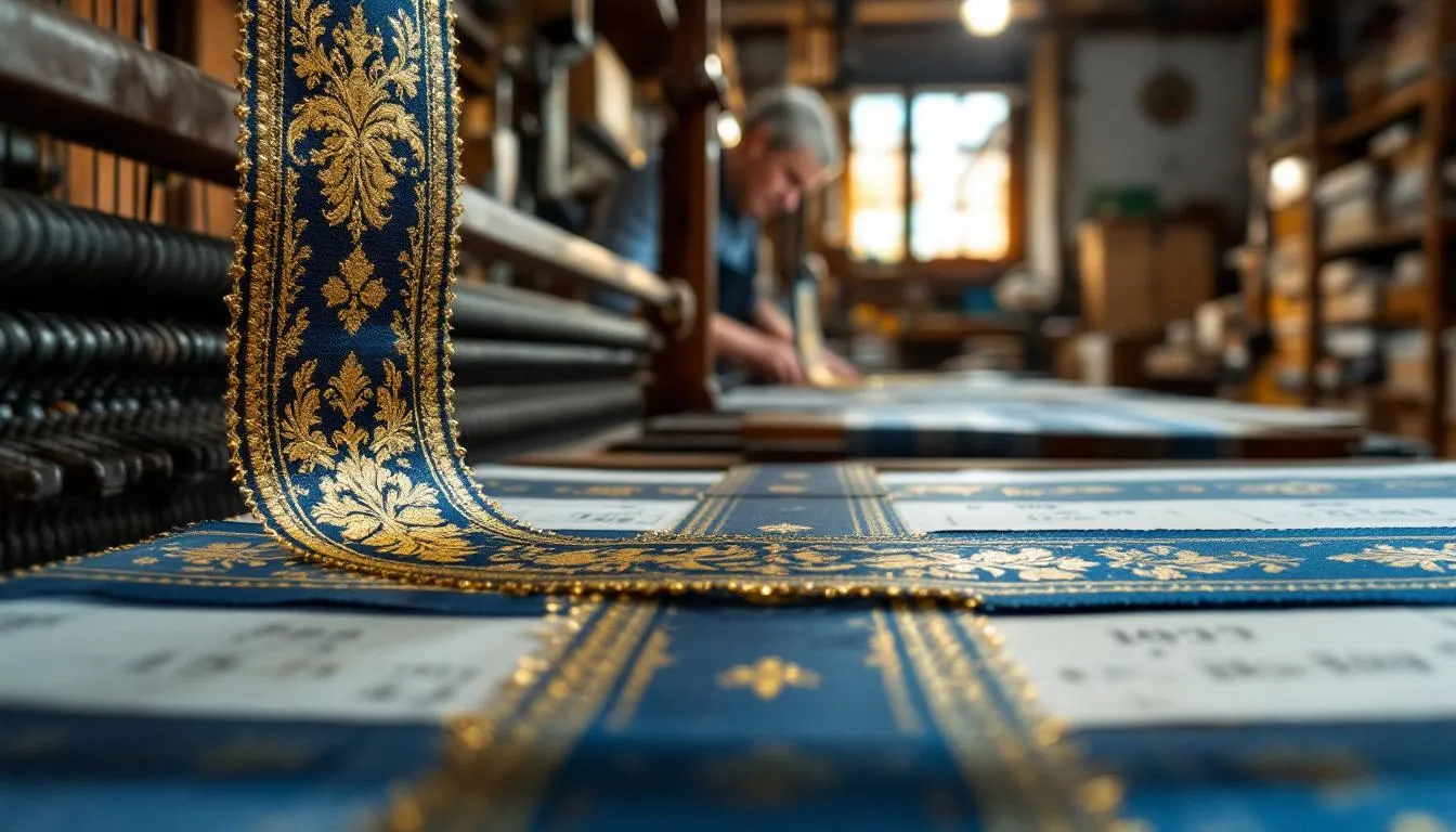 Atelier Julien Faure : métiers à tisser navettes et ruban jacquard en gros plan