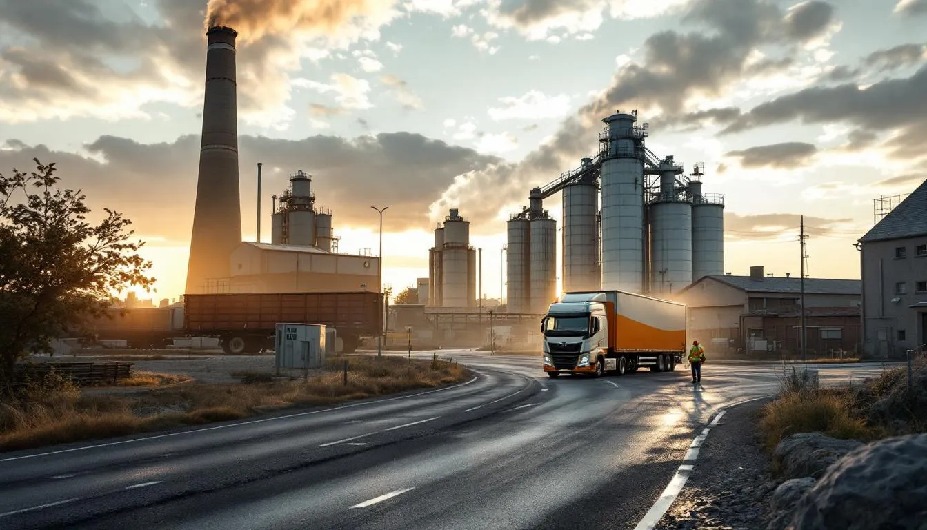 Cimenterie Lafarge Port‑La‑Nouvelle — vue large du site avec cheminée, convoi de camions et activité logistique