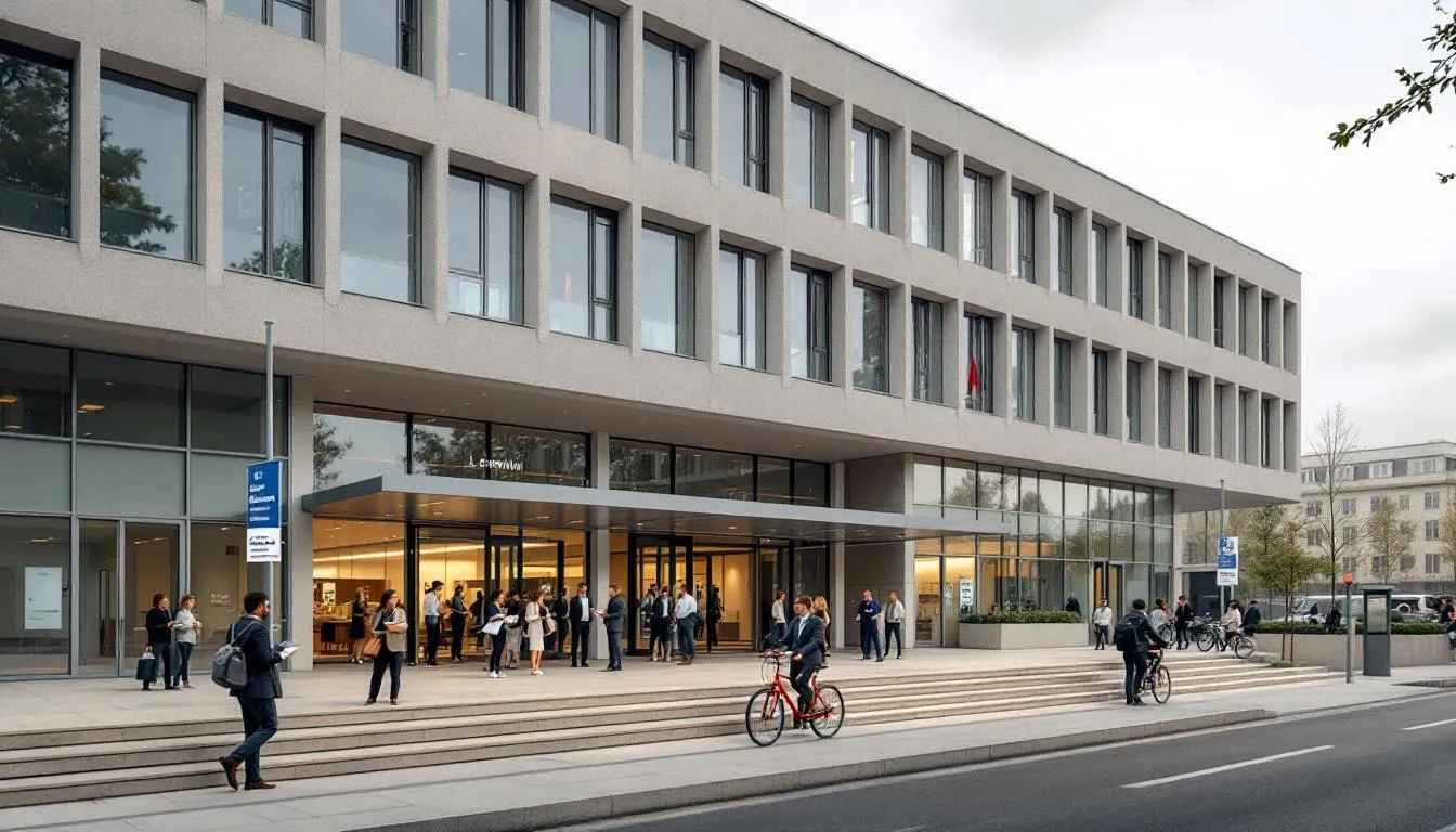 Le Mans Métropole, façade administrative et parvis animé avec agents et usagers