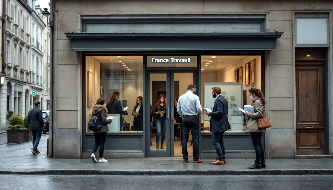 Parvis animé d'une agence France Travail en Bourgogne‑Franche‑Comté, demandeurs d'emploi et DRH consultent des CV