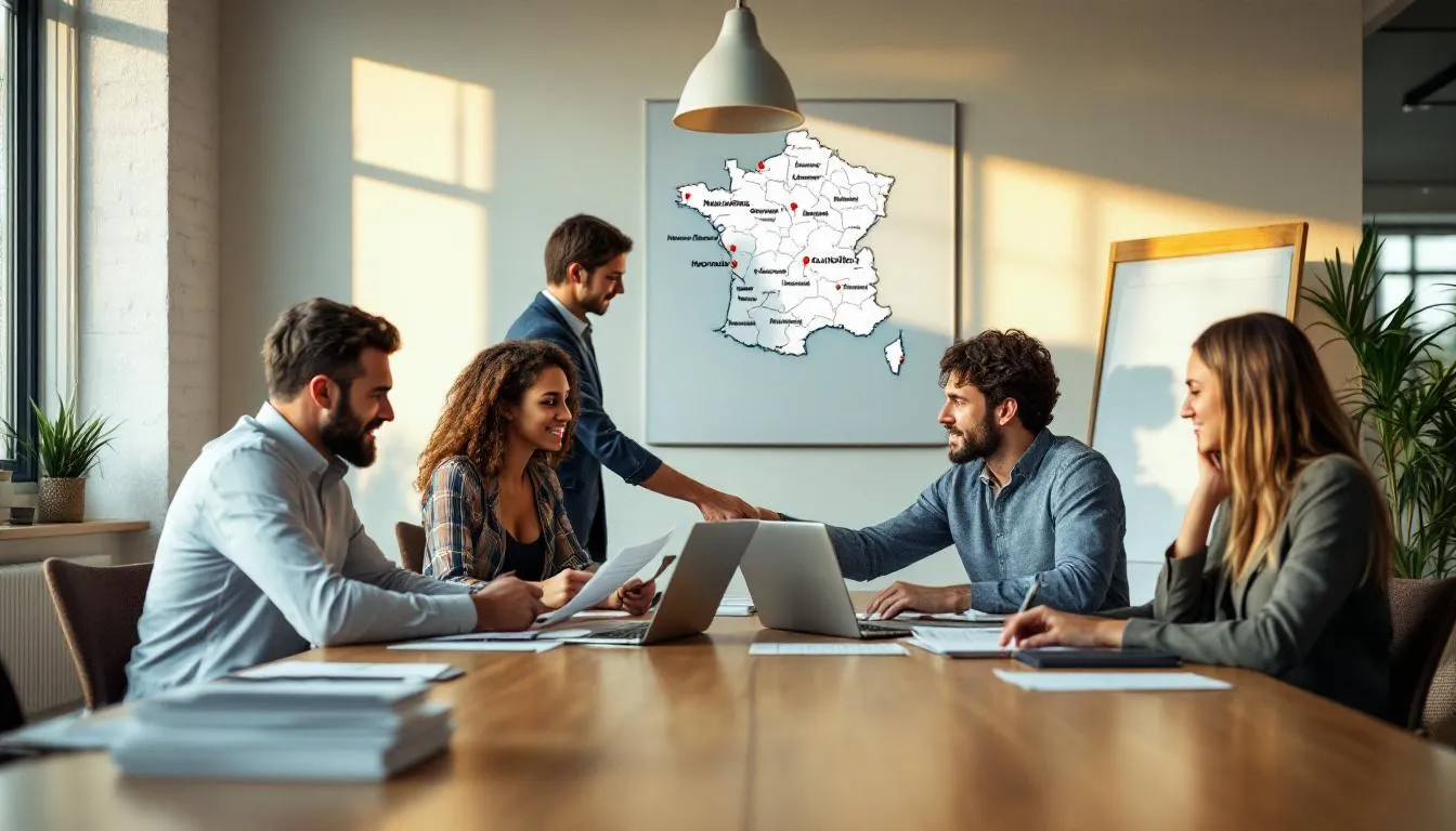 Réunion RH en Nouvelle-Aquitaine : recrutement de cadres, table avec CV, ordinateurs et carte régionale