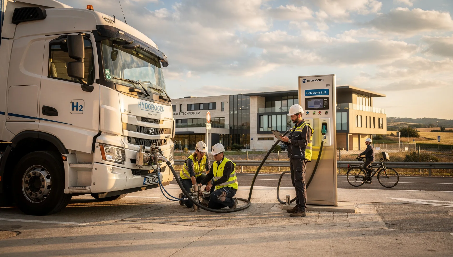 Camion poids lourd hydrogène faisant le plein à une station d'hydrogène en Occitanie, techniciens en gilets haute visibilité et bâtiment de recherche en arrière-plan, lumière dorée du soir.