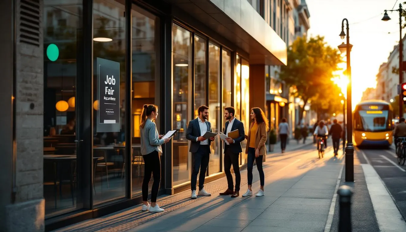 Professionnels et télétravailleur devant un espace de bureaux moderne en Occitanie, ambiance golden hour