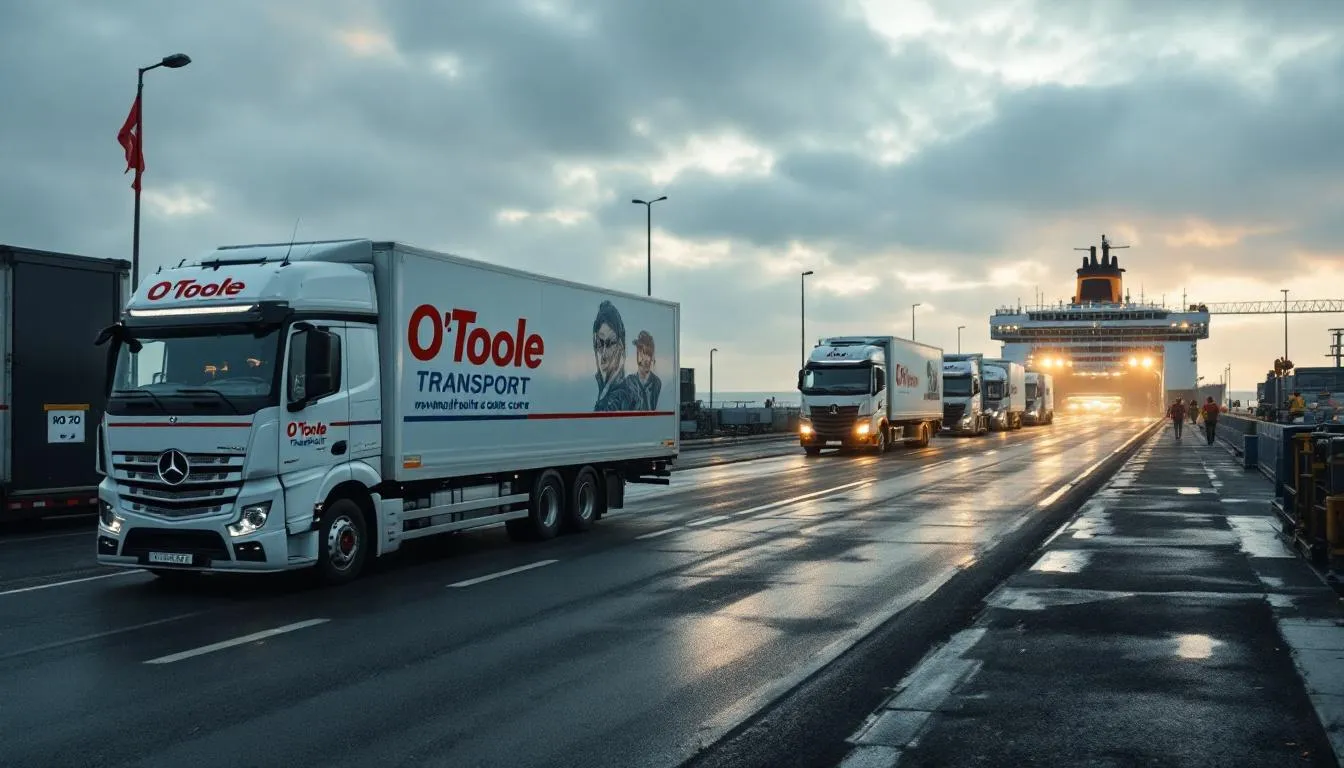 Vue matinale du port de Capécure à Boulogne : camions frigorifiques O'Toole alignés, opérateurs en gilets chargeant bacs de fruits de mer, ferry amarré en arrière‑plan.