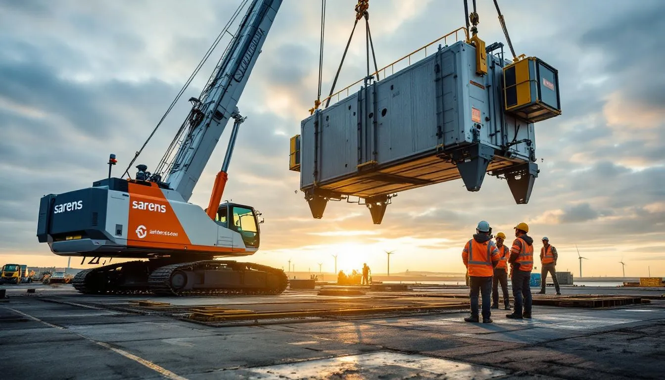 Grue Sarens électrique en opération sur un chantier portuaire du Cotentin, ouvriers en haute visibilité et SPMT en arrière‑plan