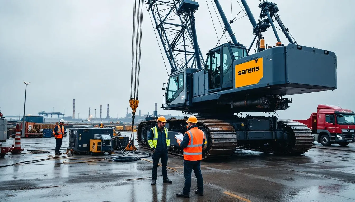 Grue Sarens électrique en opération de charge au port du Cotentin, techniciens et e‑pack en arrière‑plan