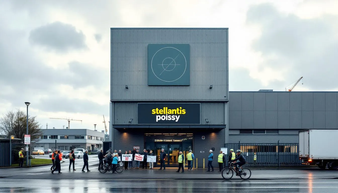 Usine Stellantis de Poissy, façade et parvis animé