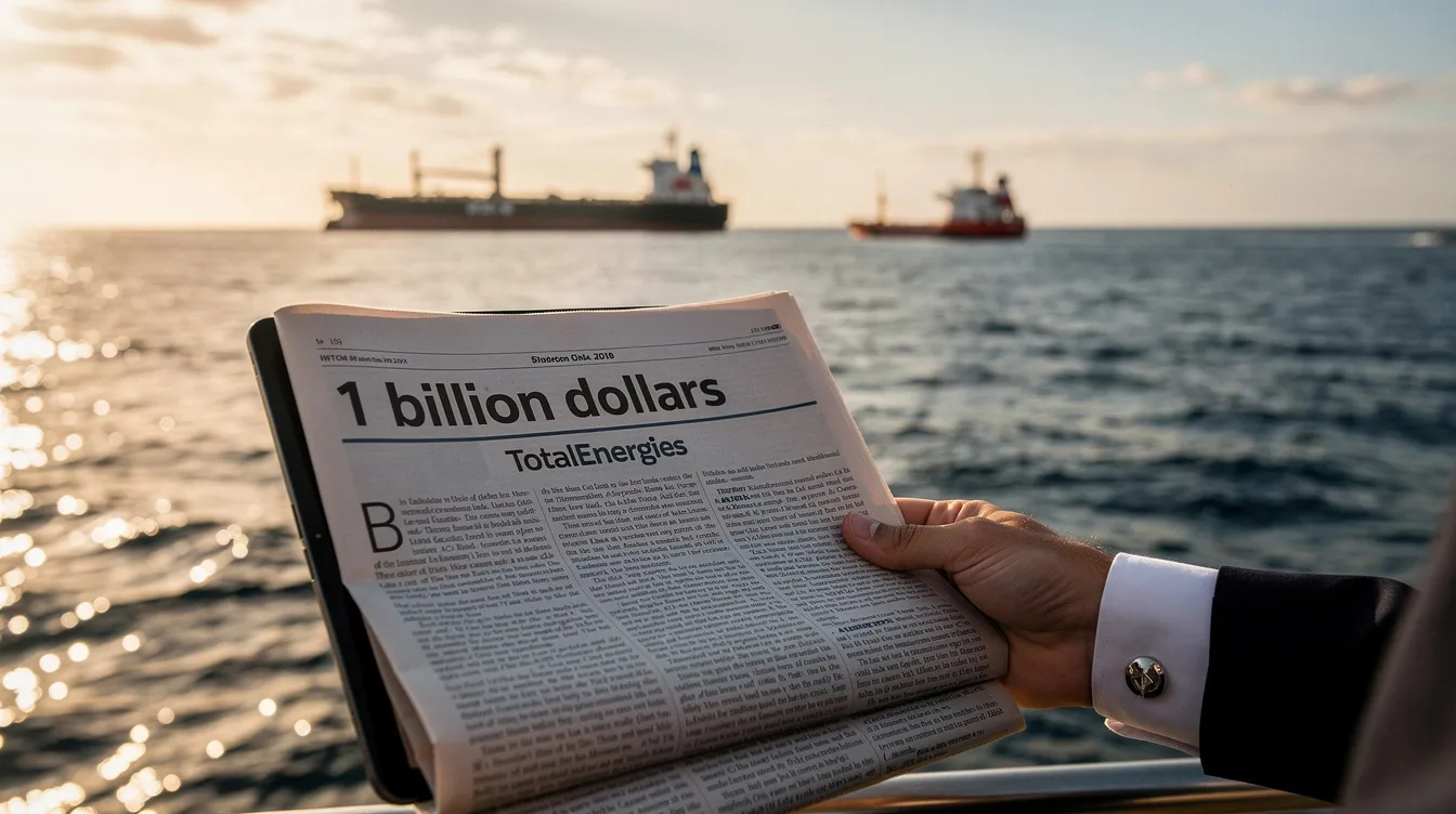 Pétrolier en mer au coucher et une une financière « 1 milliard de dollars » en premier plan
