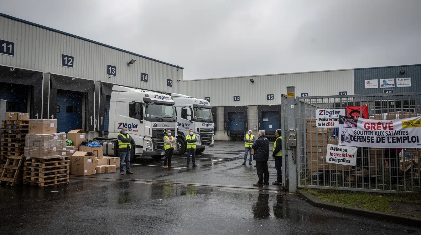 Camions Ziegler France devant un dépôt logistique des Hauts-de-France, parvis déserté et salariés inquiets avec banderoles syndicales