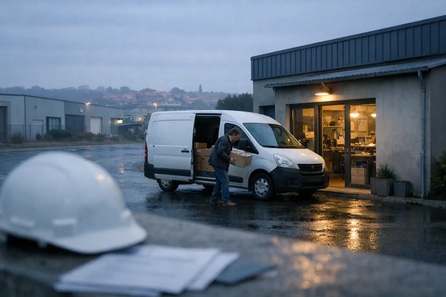 Zone d’activité périphérique en Occitanie au petit matin, boutique et camion de livraison