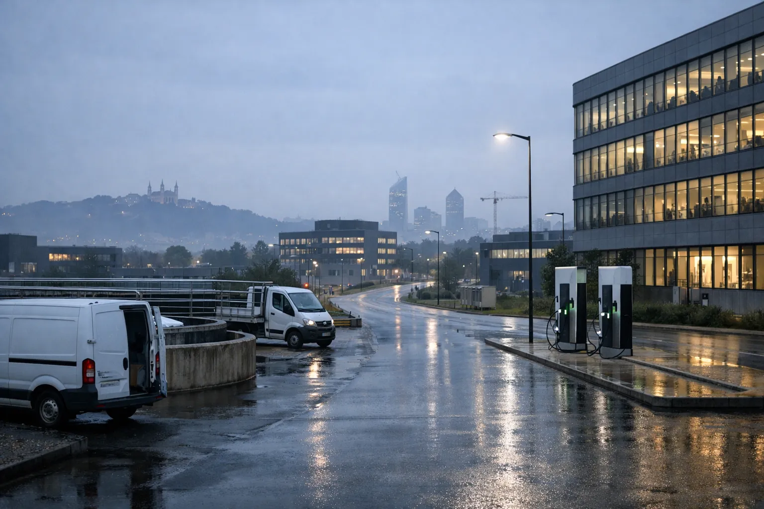 Lyon en fond, zone d’activités et finance territoriale au lever du jour