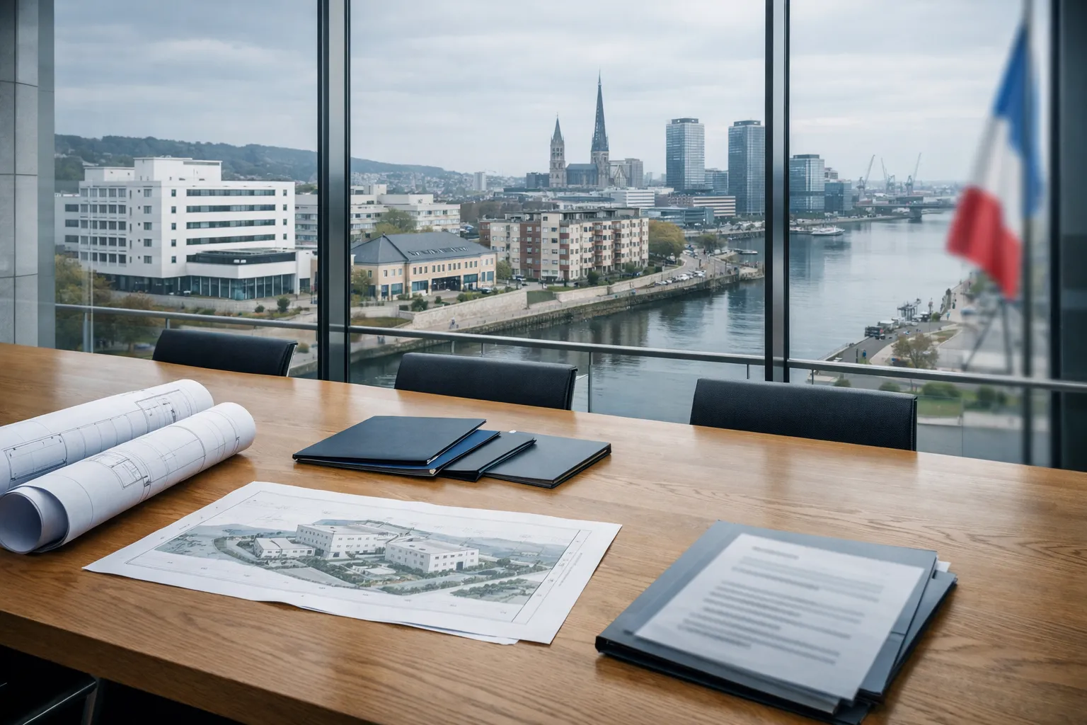 Façade moderne en Normandie avec plans, évoquant le financement public des grands projets