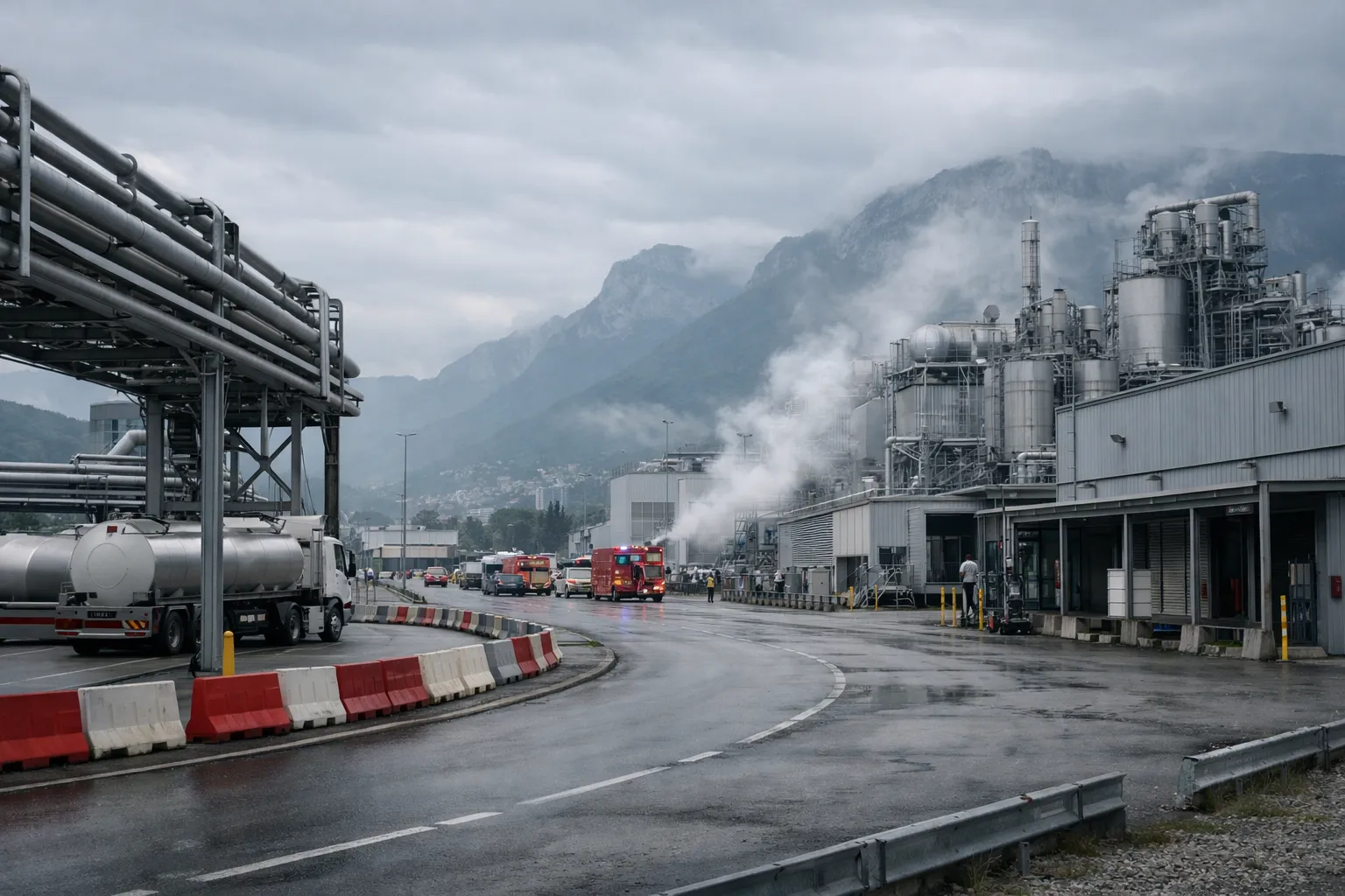 Usine industrielle à Crolles avec secours après une explosion