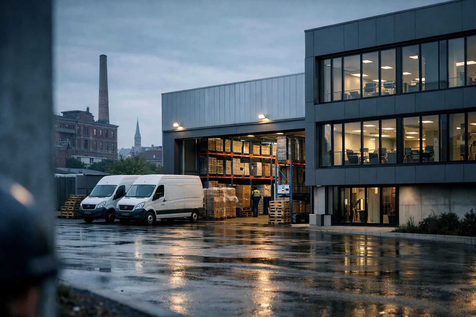Entrepôt et bureaux du Furet du Nord à Tourcoing, zone logistique au lever du jour