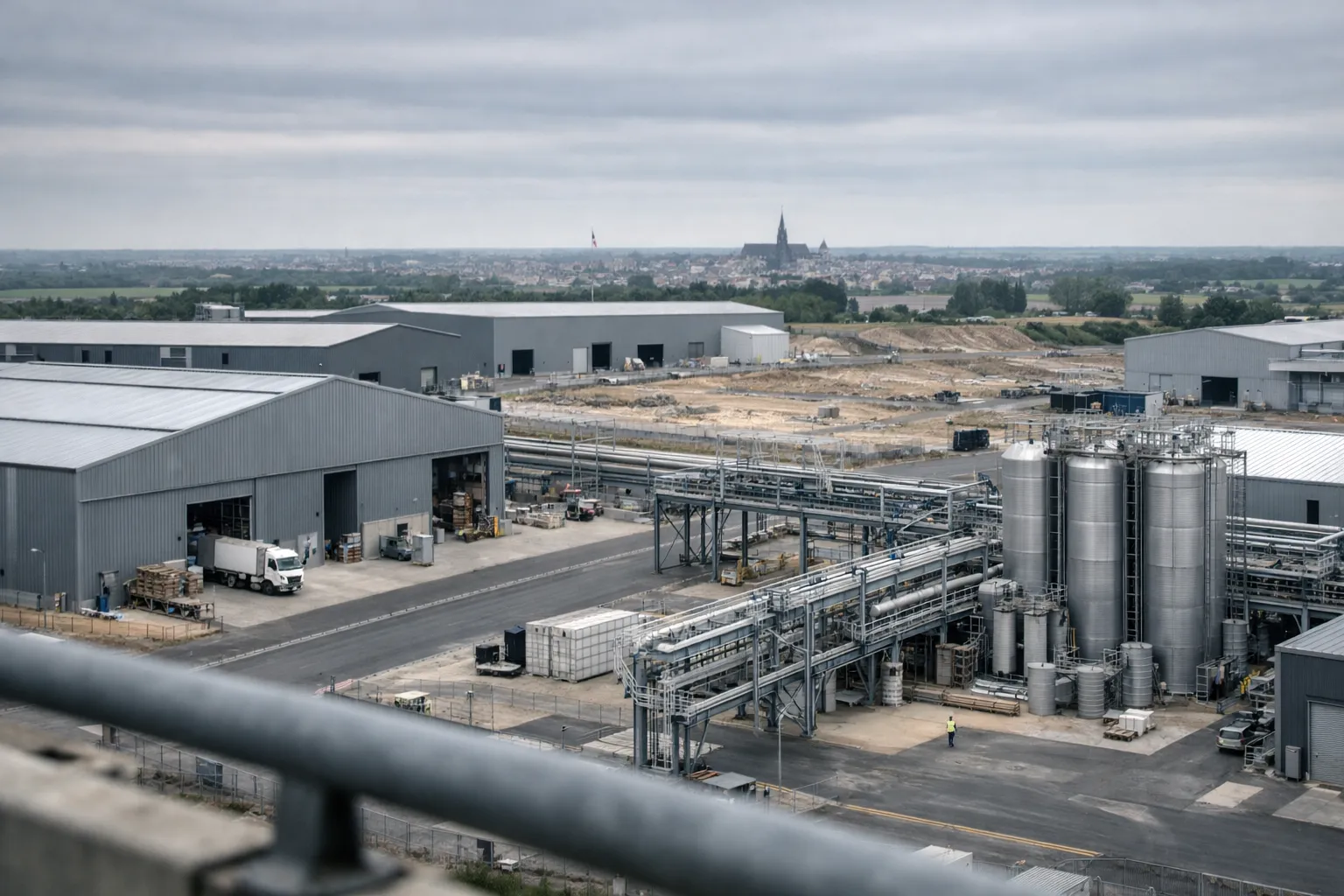 knds-cher-pinm-header Usine KNDS dans le Cher, avec hangars industriels et ciel couvert