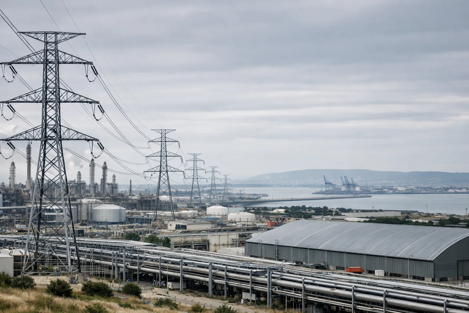 Pylônes THT au-dessus de la zone industrielle de Fos-sur-Mer, sous ciel couvert
