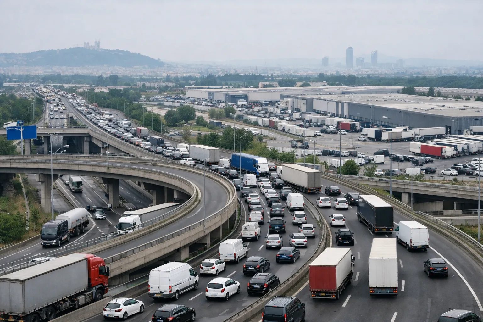Bouchons sur l’A46-Sud près de Lyon avec poids lourds et échangeur routier