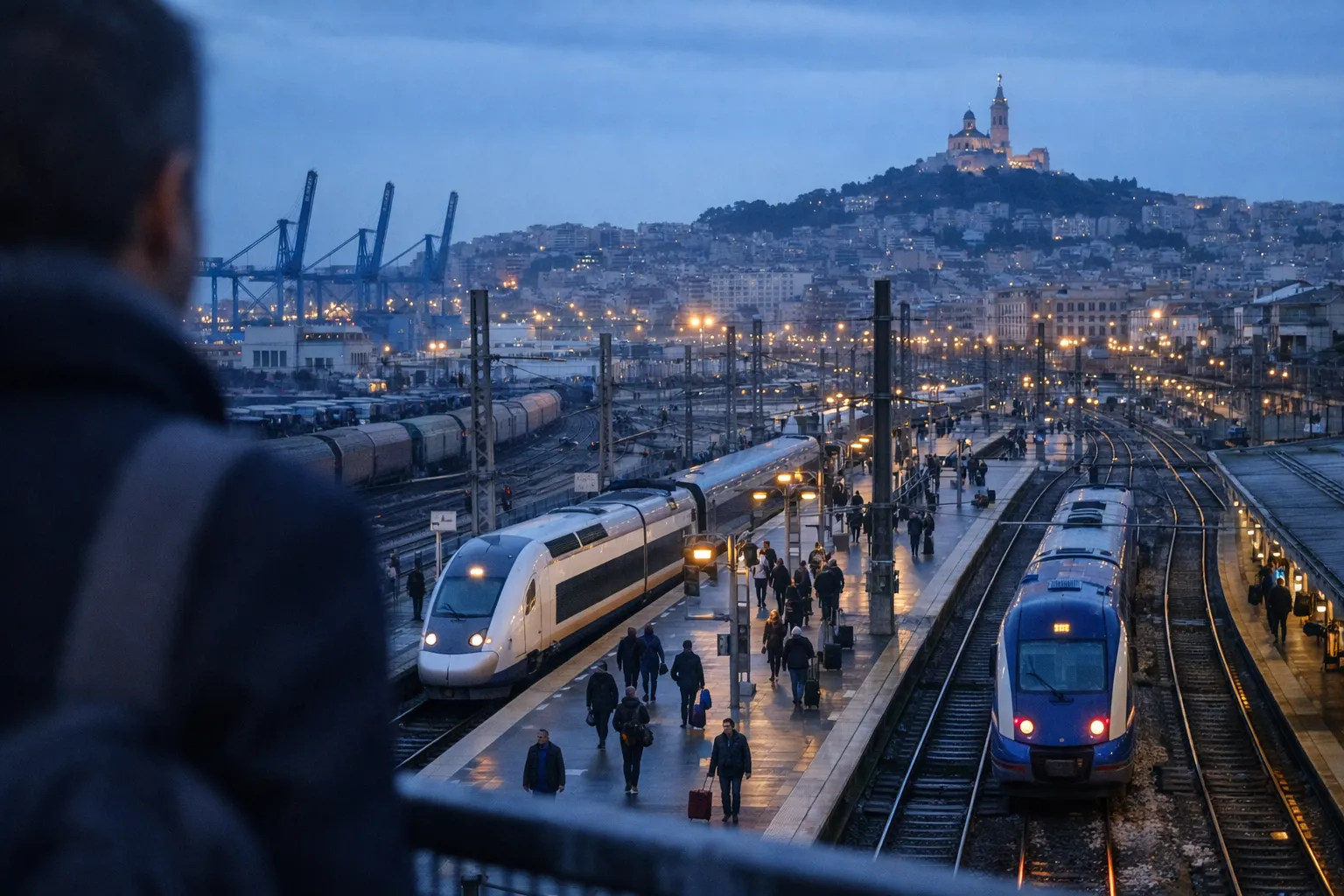 Vue panoramique de Marseille-Saint-Charles, trains, quais et port au crépuscule