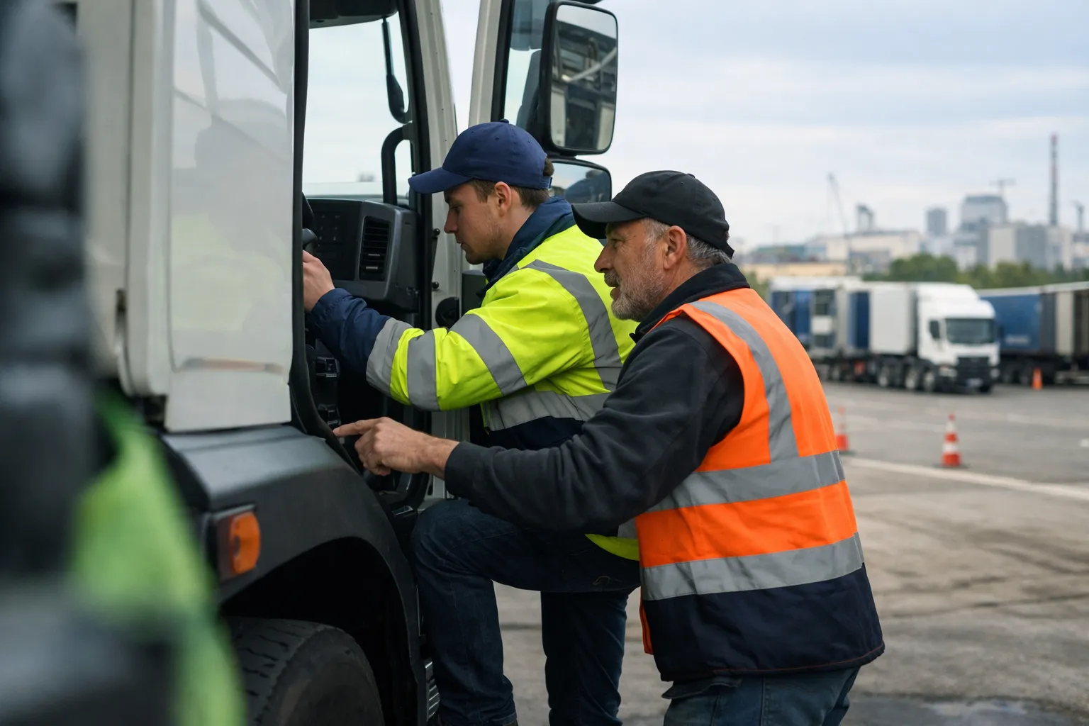 Apprenti routier et tuteur dans un garage poids lourd en Pays de la Loire