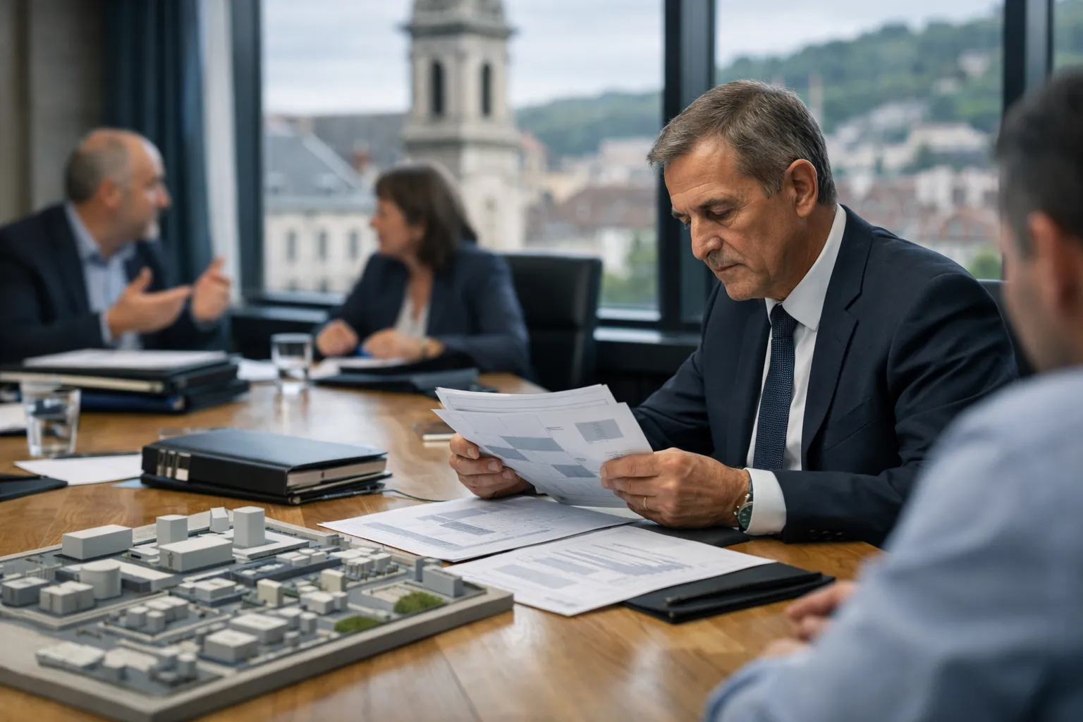 Réunion industrielle à Besançon dans un cadre institutionnel, autour de plans et dossiers
