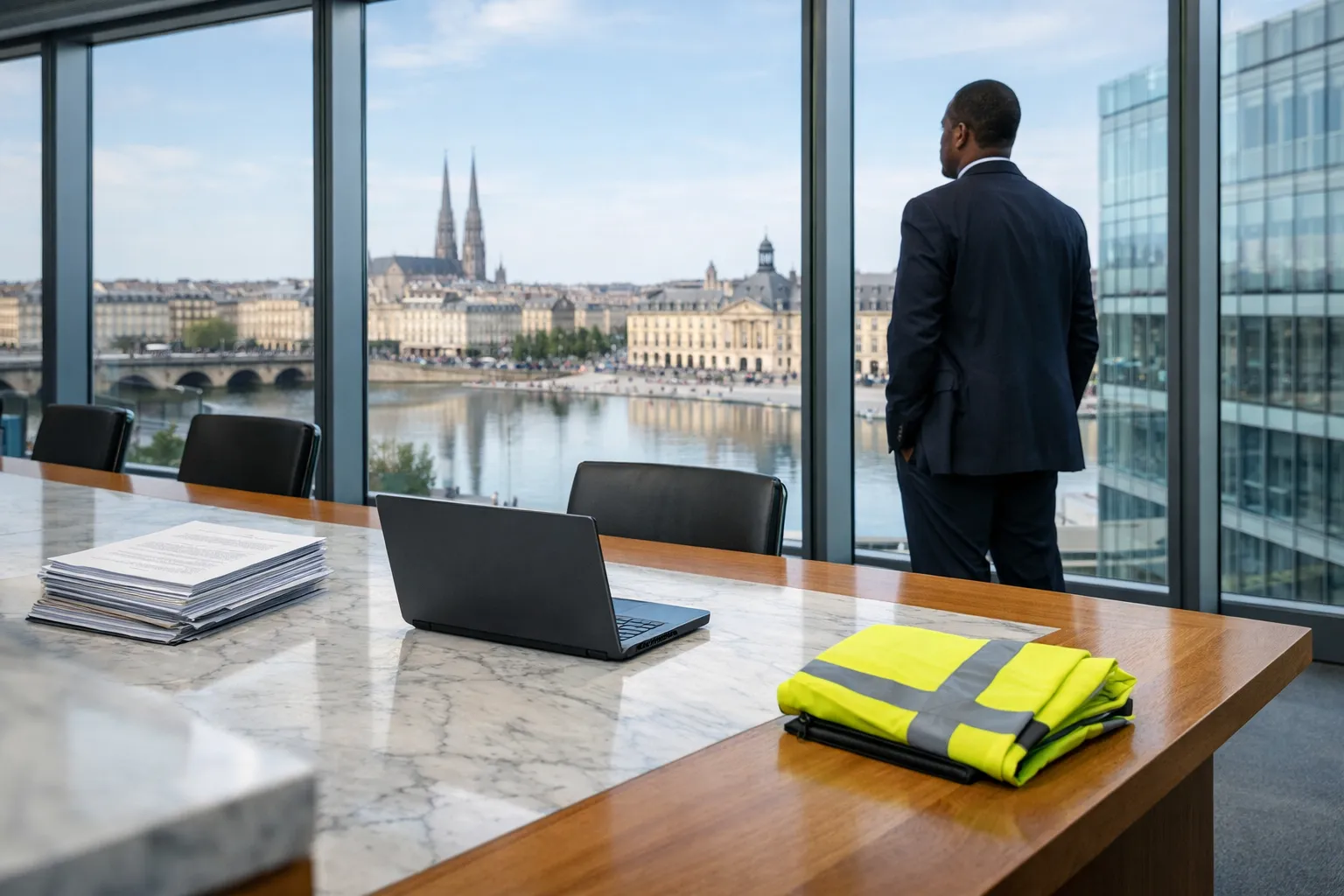 Salle de réunion bordelaise, table marbre, vue sur le Miroir d'eau et skyline de Bordeaux