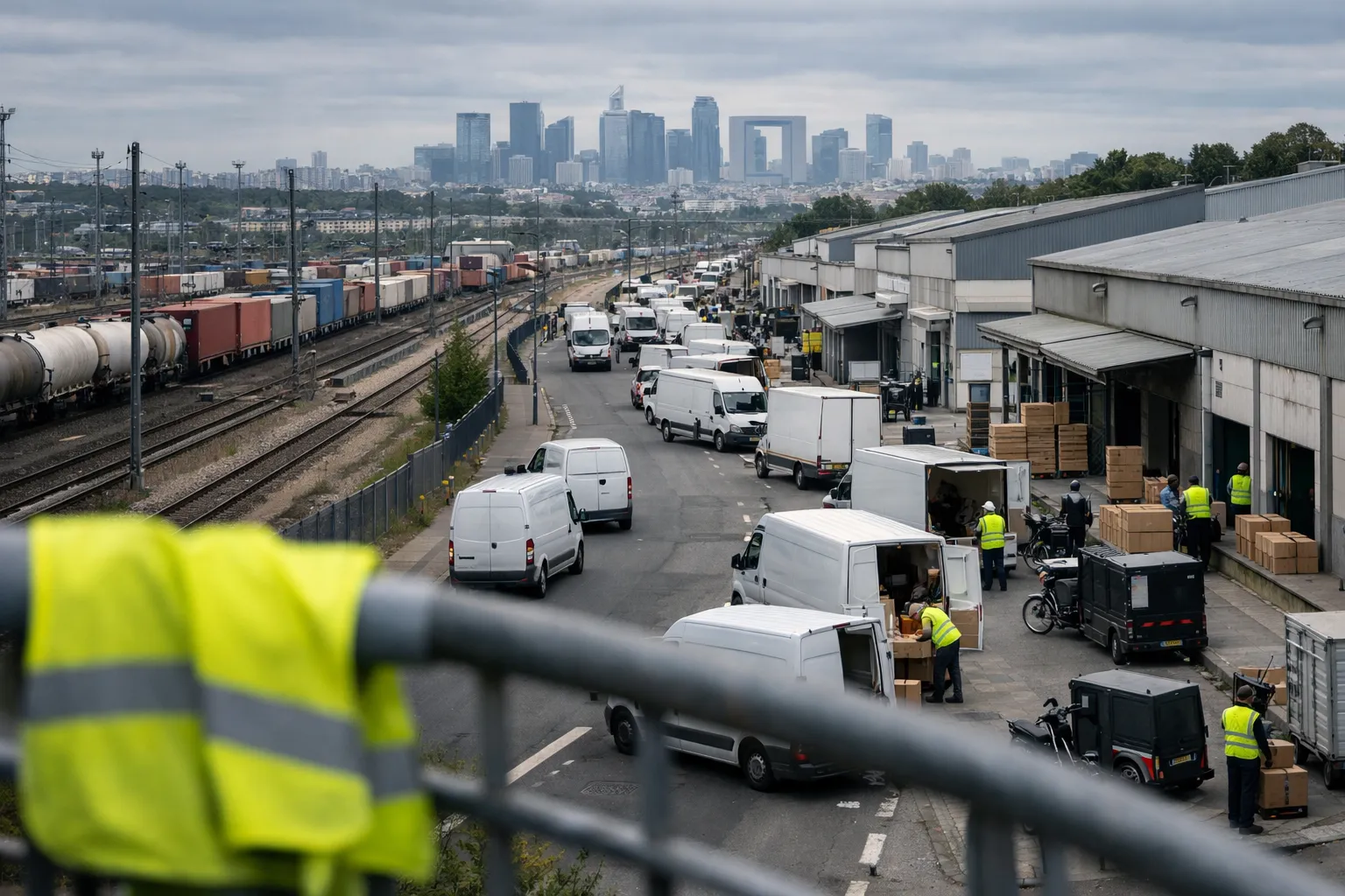 Couloir logistique en Île-de-France : vans, zone fret et skyline de La Défense