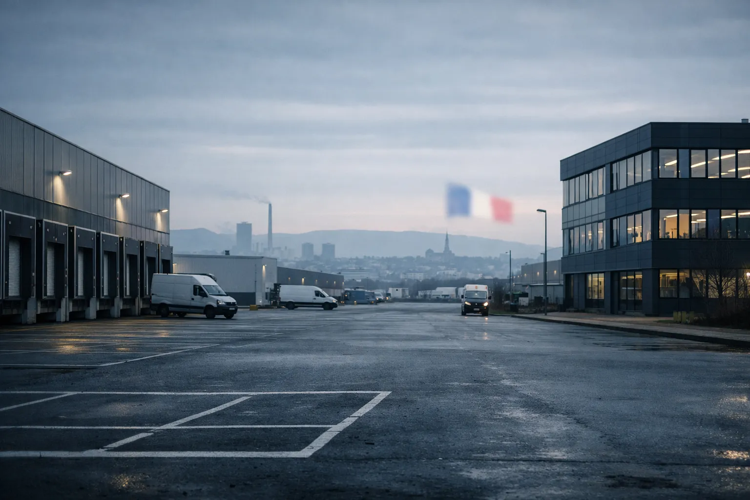 Zone d’activité du Grand Est à l’aube, symbole de fragilité économique