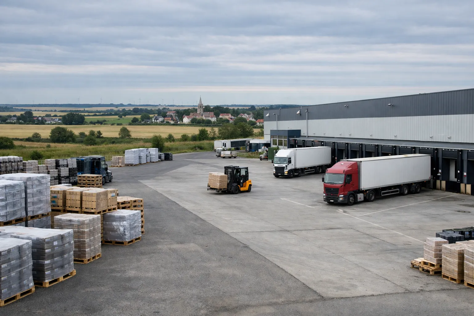 Plateforme logistique près de Pithiviers avec camions et quais de chargement