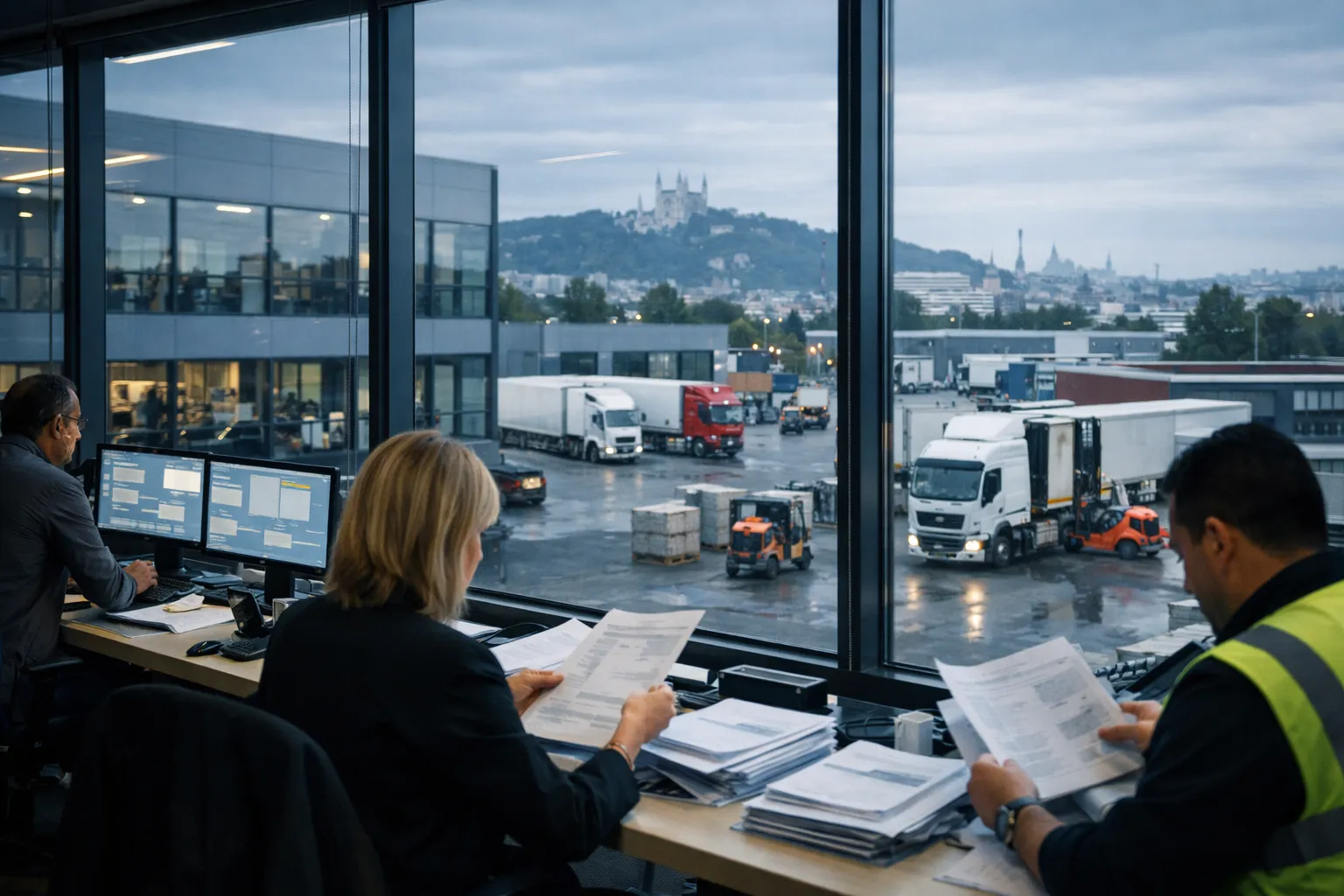 Centre logistique lyonnais face aux flux Brexit, avec camions et Fourvière au loin