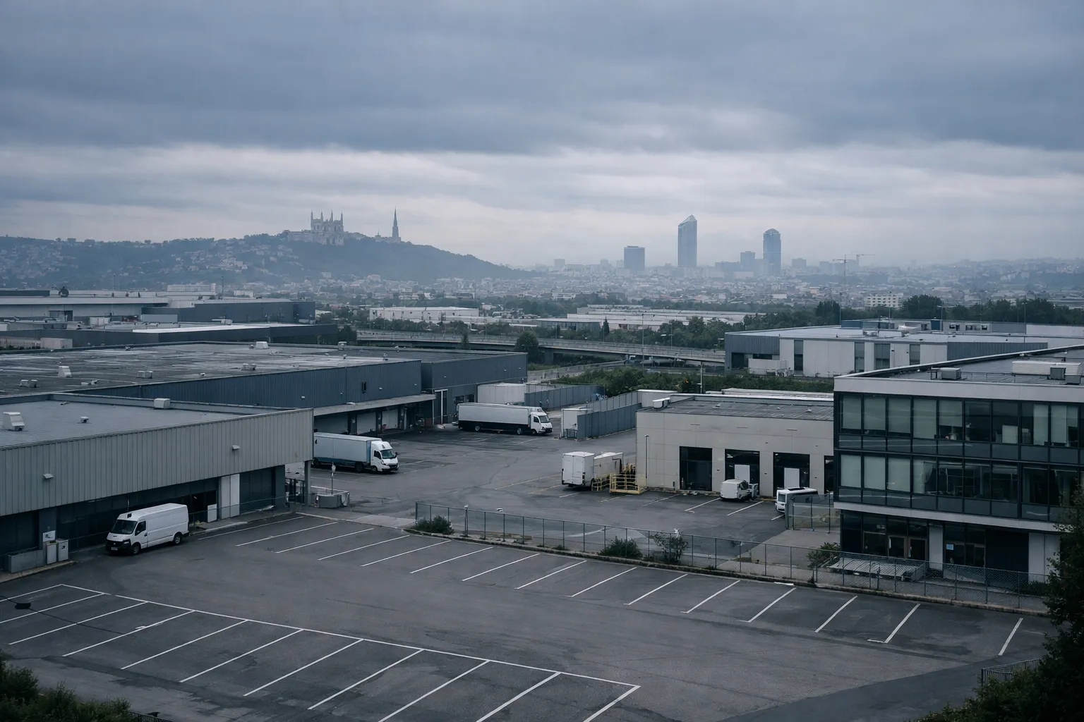 Zone industrielle lyonnaise sous ciel gris, symbole des faillites en Auvergne-Rhône-Alpes