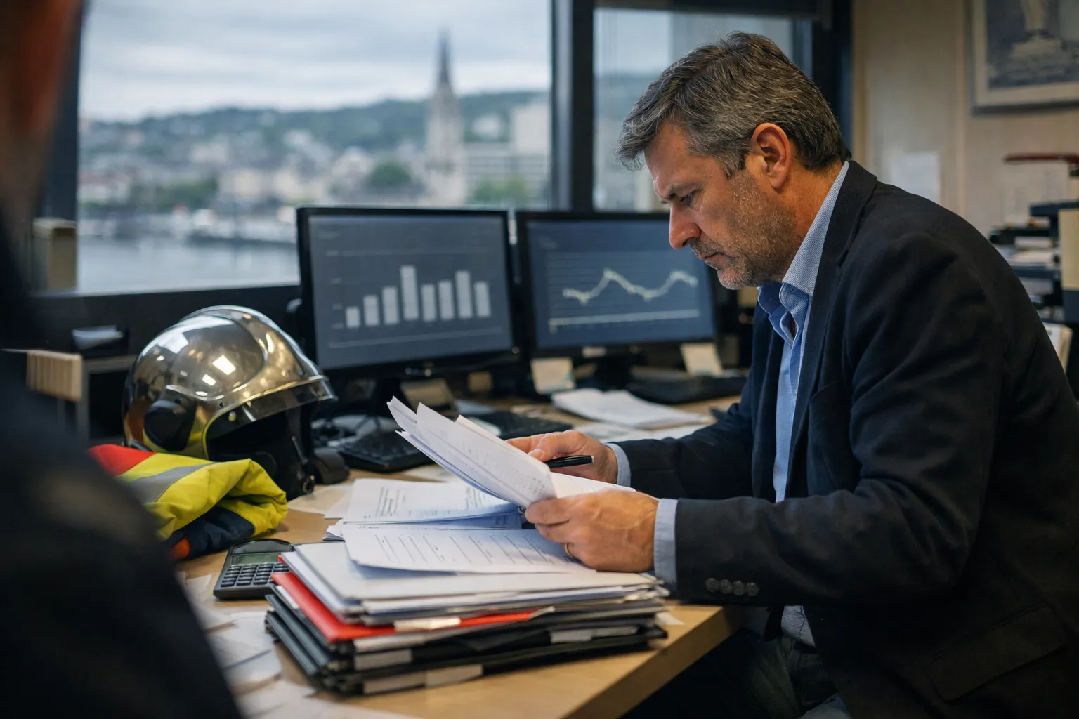 Responsable du SDIS 76 dans un bureau, dossiers et casque de pompier