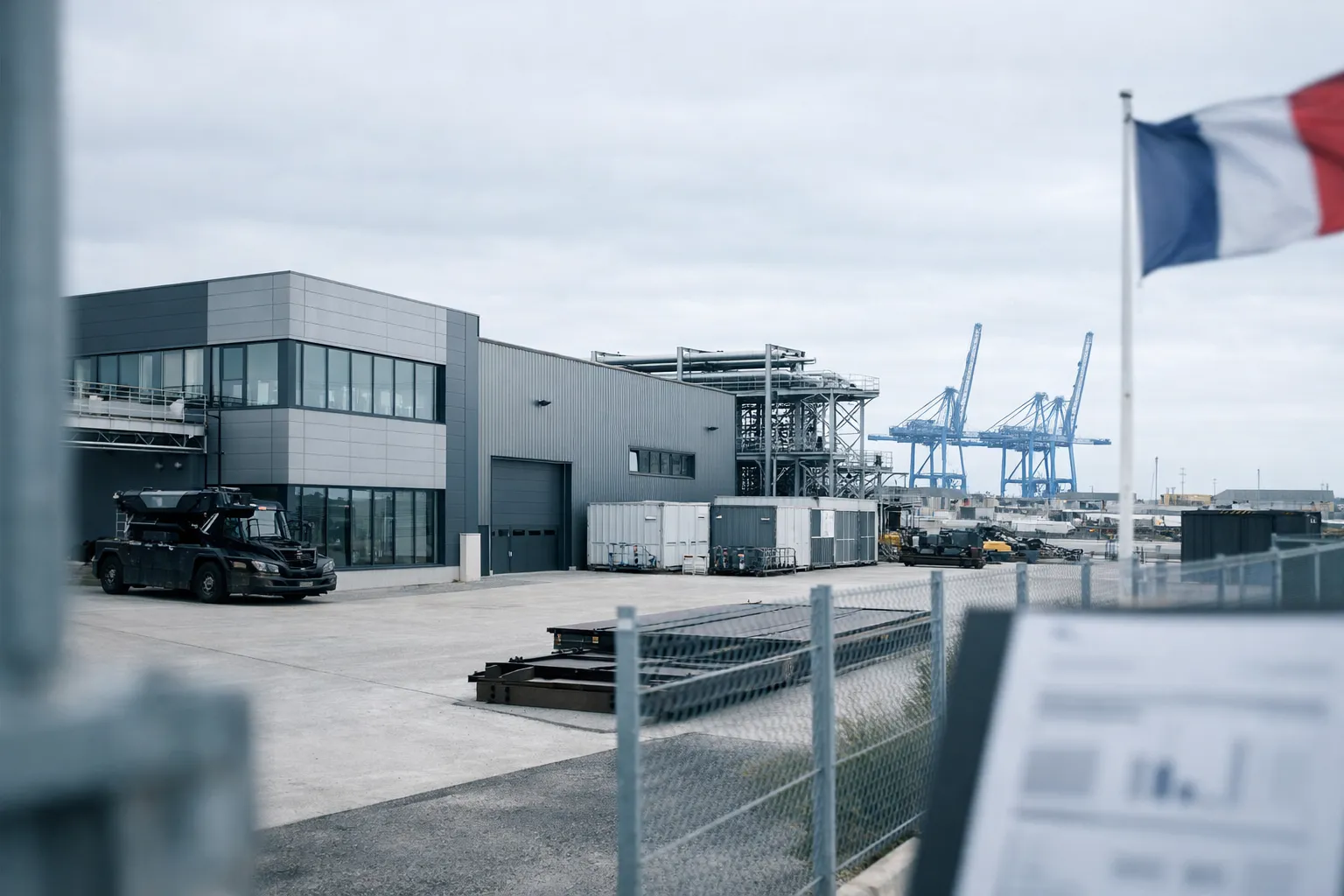 Base industrielle à Dunkerque, près d’un quai avec grues portuaires