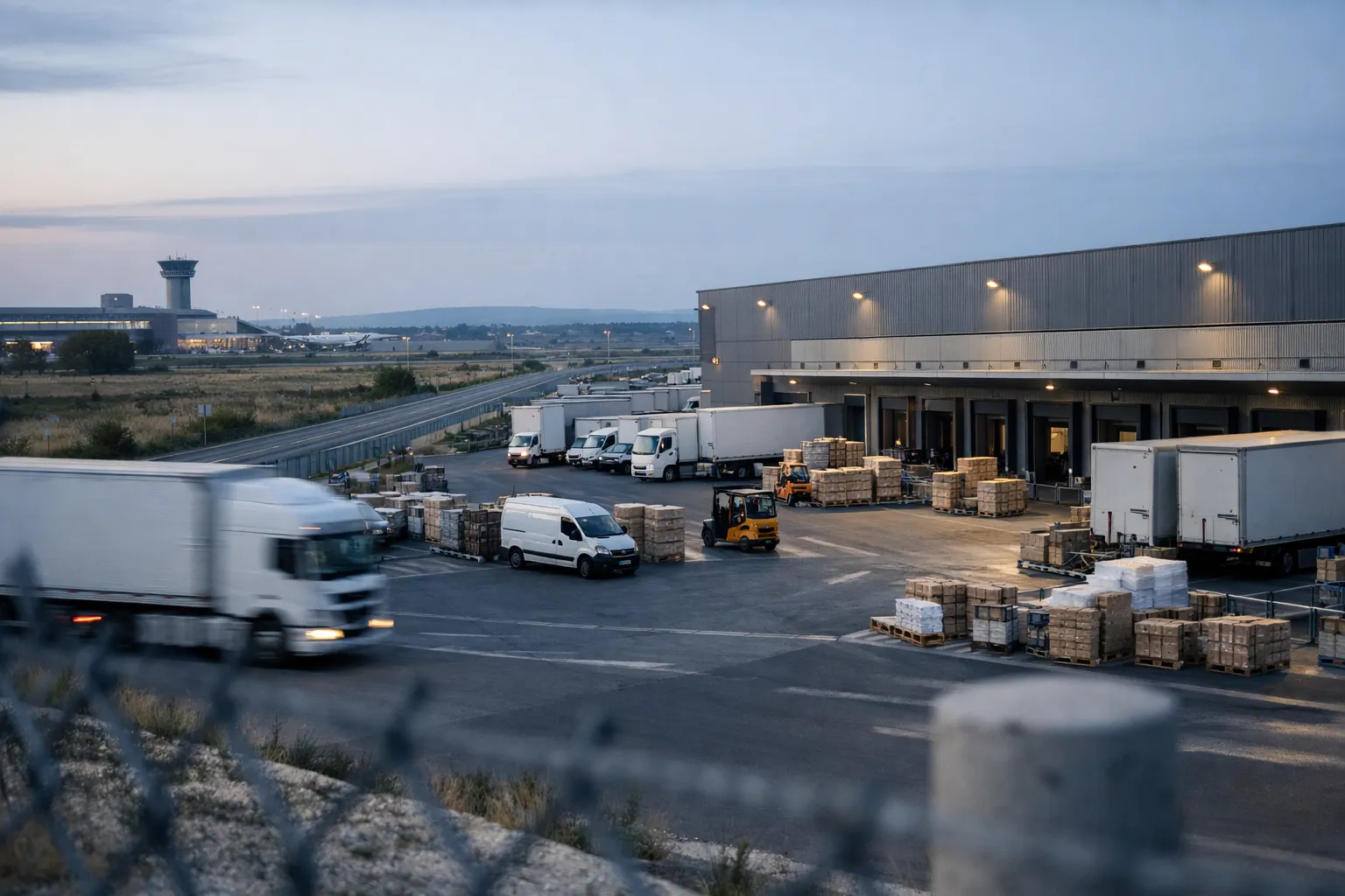 Hub logistique de l’aéroport de Montpellier avec quais et camions au lever du jour