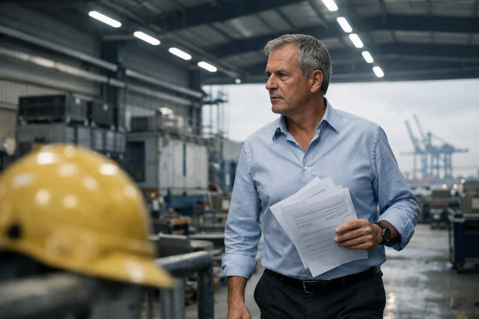Manager de transition dans une usine normande, casque et documents à la main