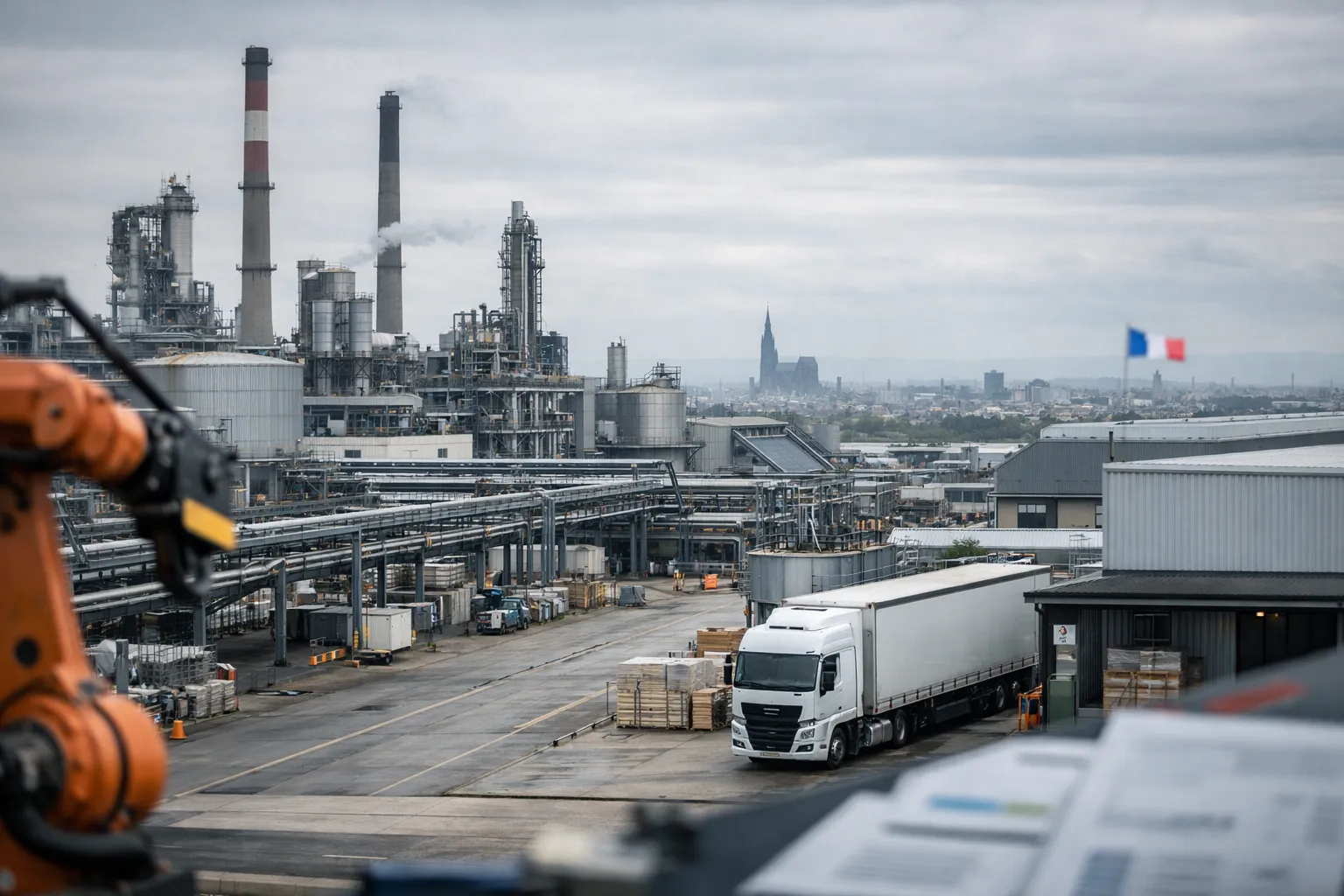 pacte-industrie-grand-est-header Usine du Grand Est avec cheminées et grues, sous ciel couvert